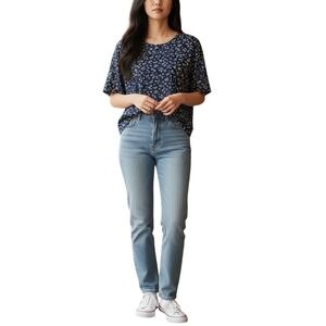 Worthington‎ Women's Navy Floral Short Sleeve Crew Neck Top Large